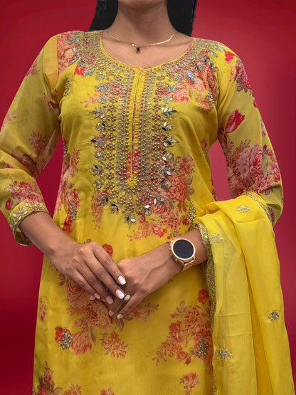 Ready to Wear Designer Suit in Kundan Organza with Hand Mirror and Stone Embroidery - Jaipur Blossom
