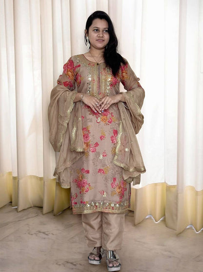 Ready to Wear Designer Suit in Kundan Organza with Hand Mirror and Stone Embroidery - Jaipur Blossom