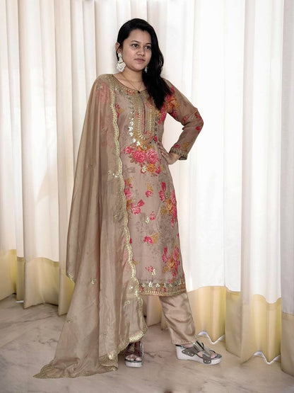 Ready to Wear Designer Suit in Kundan Organza with Hand Mirror and Stone Embroidery - Jaipur Blossom