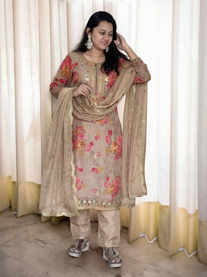 Ready to Wear Designer Suit in Kundan Organza with Hand Mirror and Stone Embroidery - Jaipur Blossom