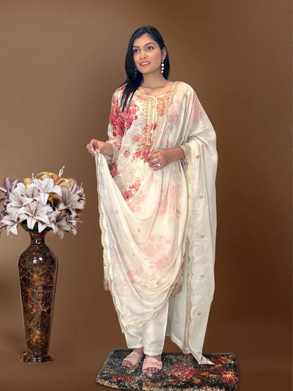 Ready to Wear Designer Suit in Kundan Organza with Hand Mirror and Stone Embroidery - Jaipur Blossom