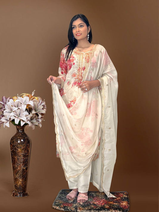 Ready to Wear Designer Suit in Kundan Organza with Hand Mirror and Stone Embroidery - Jaipur Blossom