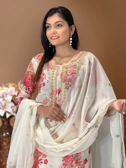 Ready to Wear Designer Suit in Kundan Organza with Hand Mirror and Stone Embroidery - Jaipur Blossom