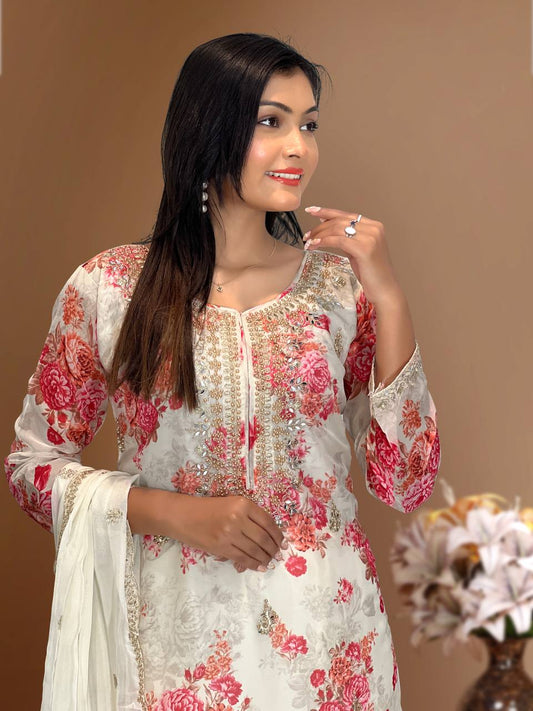 Ready to Wear Designer Suit in Kundan Organza with Hand Mirror and Stone Embroidery - Jaipur Blossom
