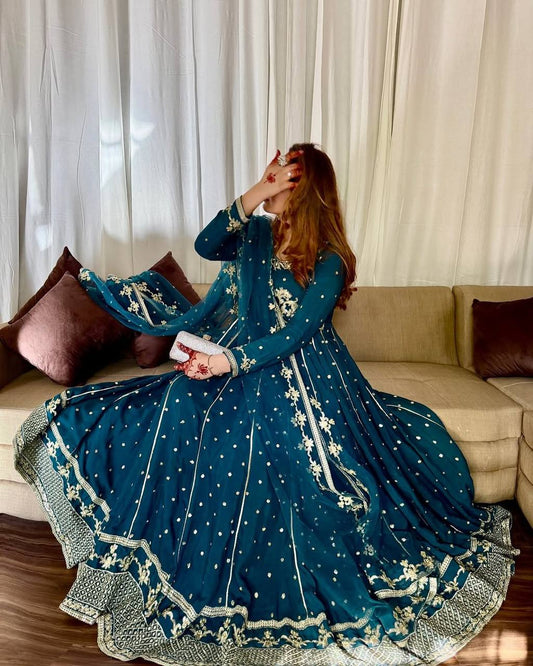 New Designer Party Wear Blue Heavy Star Georgette Gown with Pant and Embroidery Work