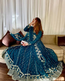 New Designer Party Wear Blue Heavy Star Georgette Gown with Pant and Embroidery Work