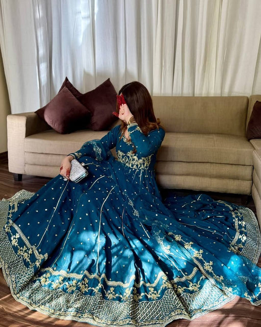 New Designer Party Wear Blue Heavy Star Georgette Gown with Pant and Embroidery Work
