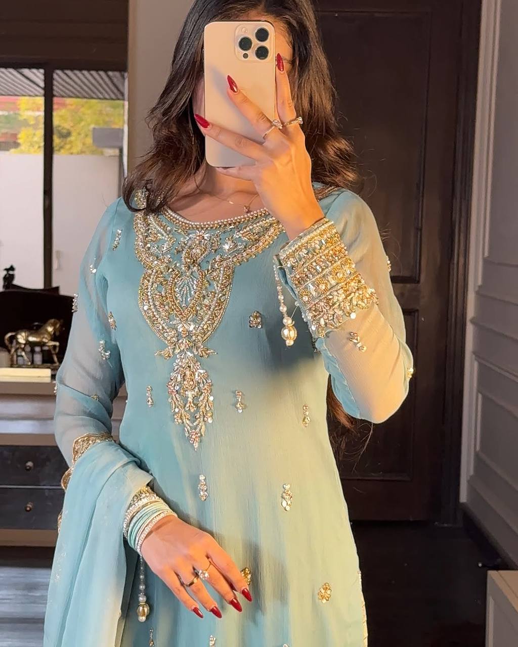 Sky Blue Party Sharara Suit with Fancy Top and Dupatta in Rich Fox Georgette - Jaipur Blossom