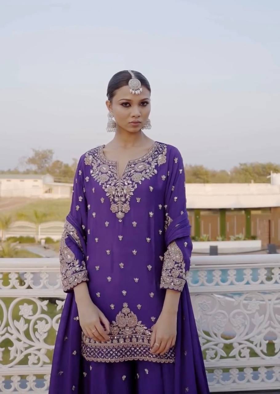 New Designer Party Wear Chinon Silk Top with Plazzo and Embroidered Fancy Dupatta