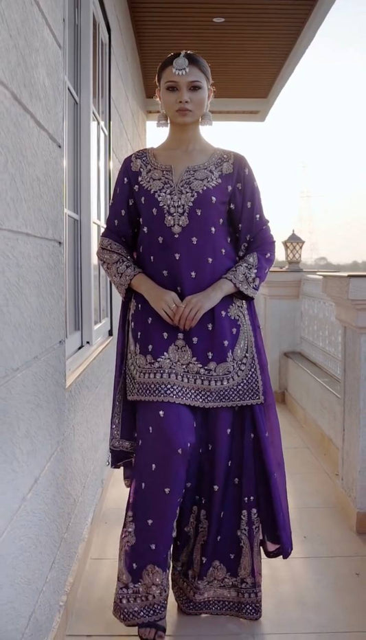 New Designer Party Wear Chinon Silk Top with Plazzo and Embroidered Fancy Dupatta