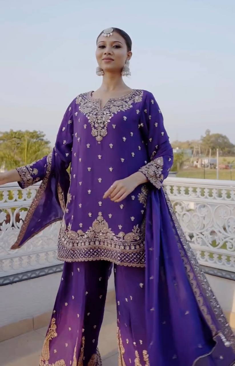 New Designer Party Wear Chinon Silk Top with Plazzo and Embroidered Fancy Dupatta