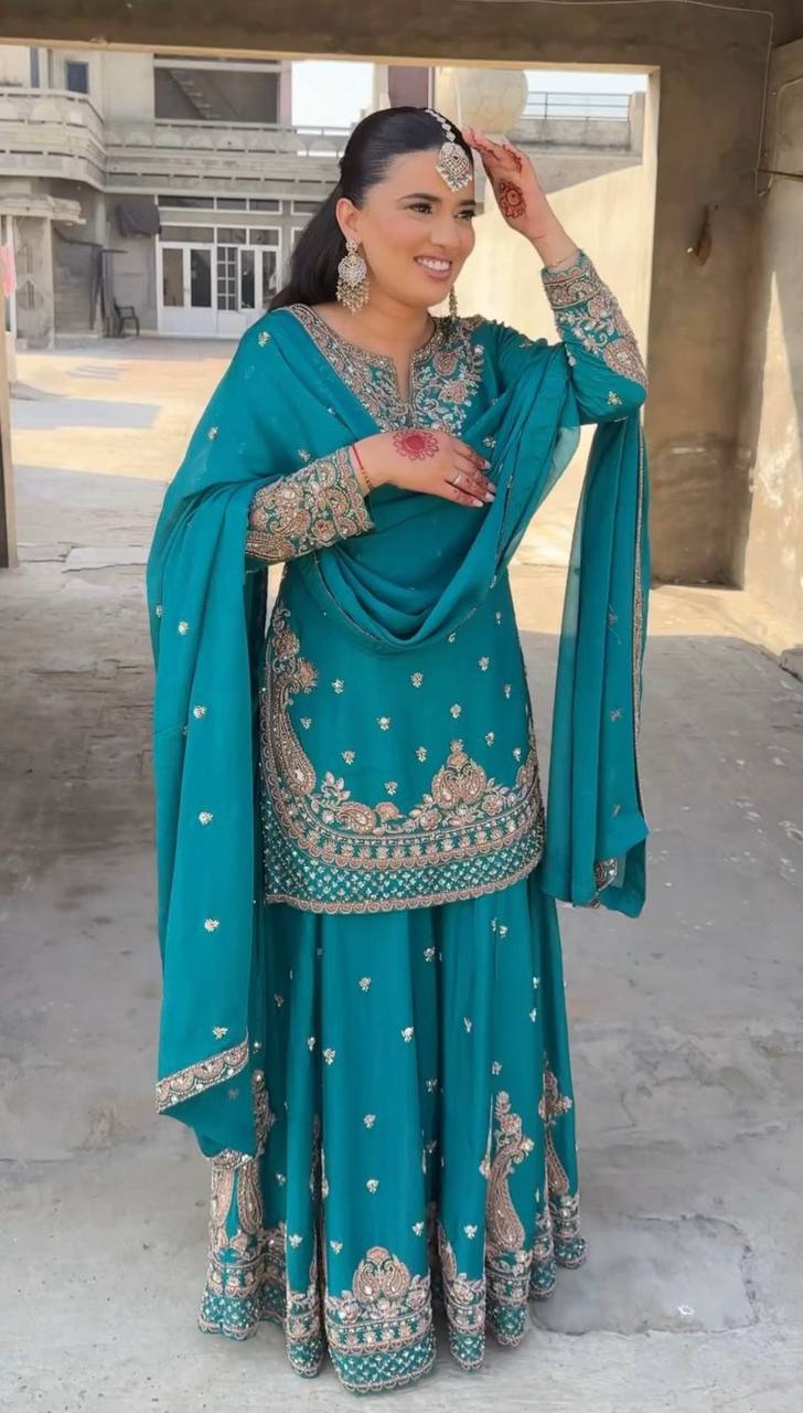 New Designer Party Wear Chinon Silk Top with Plazzo and Embroidered Fancy Dupatta