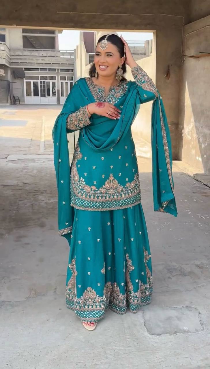 New Designer Party Wear Chinon Silk Top with Plazzo and Embroidered Fancy Dupatta