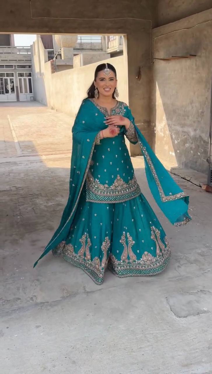 New Designer Party Wear Chinon Silk Top with Plazzo and Embroidered Fancy Dupatta