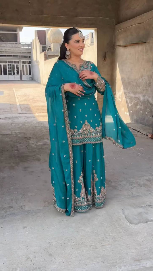 New Designer Party Wear Chinon Silk Top with Plazzo and Embroidered Fancy Dupatta
