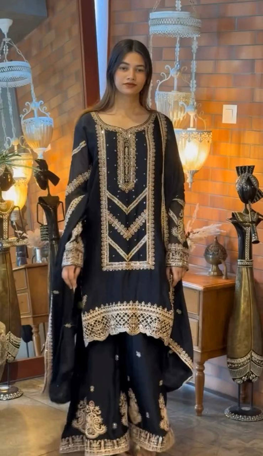 Premium Designer Look in Heavy Fox Georgette – Embroidered Top, Plazzo with Elastic Waist & Matching Dupatta
