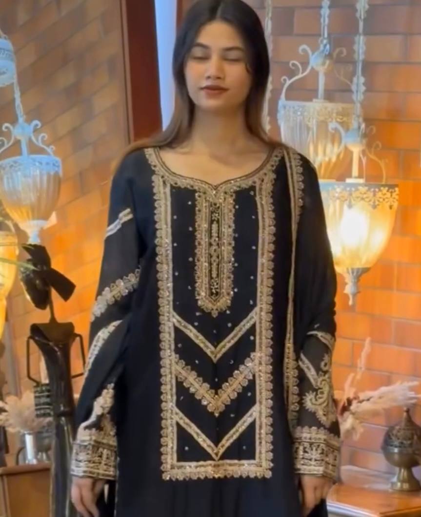 Premium Designer Look in Heavy Fox Georgette – Embroidered Top, Plazzo with Elastic Waist & Matching Dupatta