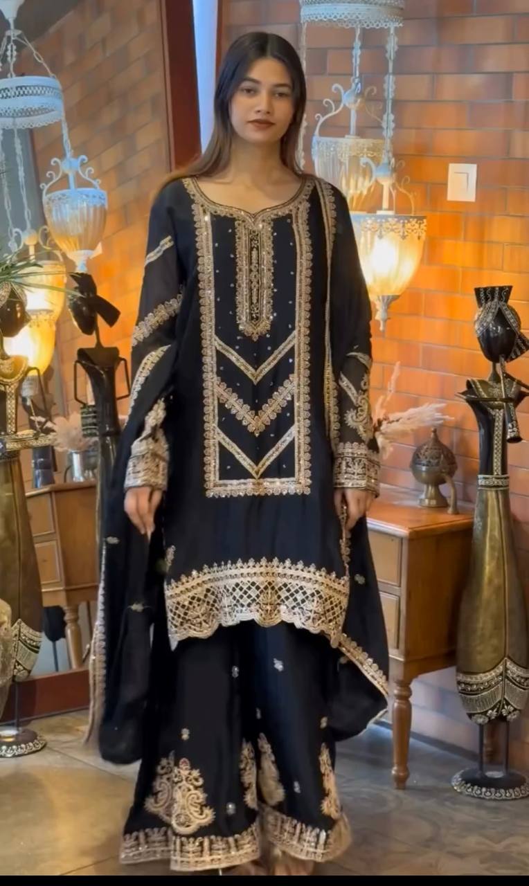 Premium Designer Look in Heavy Fox Georgette – Embroidered Top, Plazzo with Elastic Waist & Matching Dupatta