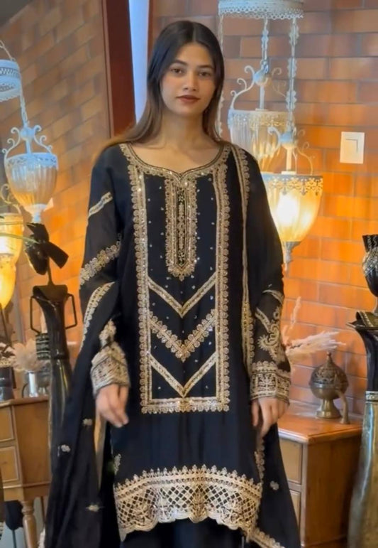 Premium Designer Look in Heavy Fox Georgette – Embroidered Top, Plazzo with Elastic Waist & Matching Dupatta