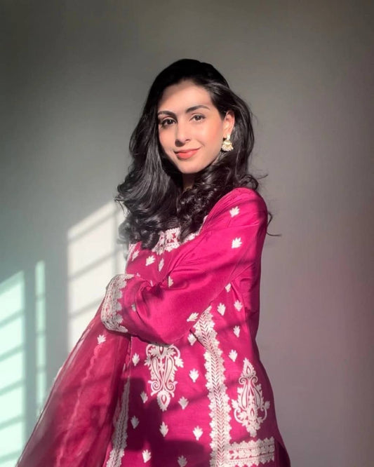 Stylish Party Outfit Top Pant and Dupatta in Heavy Cotton with Detailed Chain Embroidery - Jaipur Blossom
