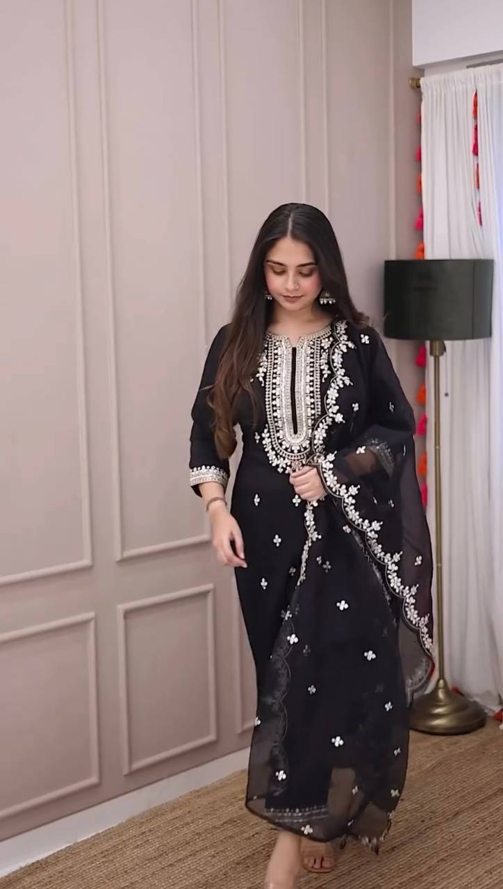 Stylish Black Three Piece Suit with Handcrafted Embroidery and Sequin Accents - Jaipur Blossom