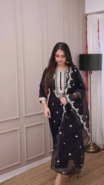 Stylish Black Three Piece Suit with Handcrafted Embroidery and Sequin Accents - Jaipur Blossom