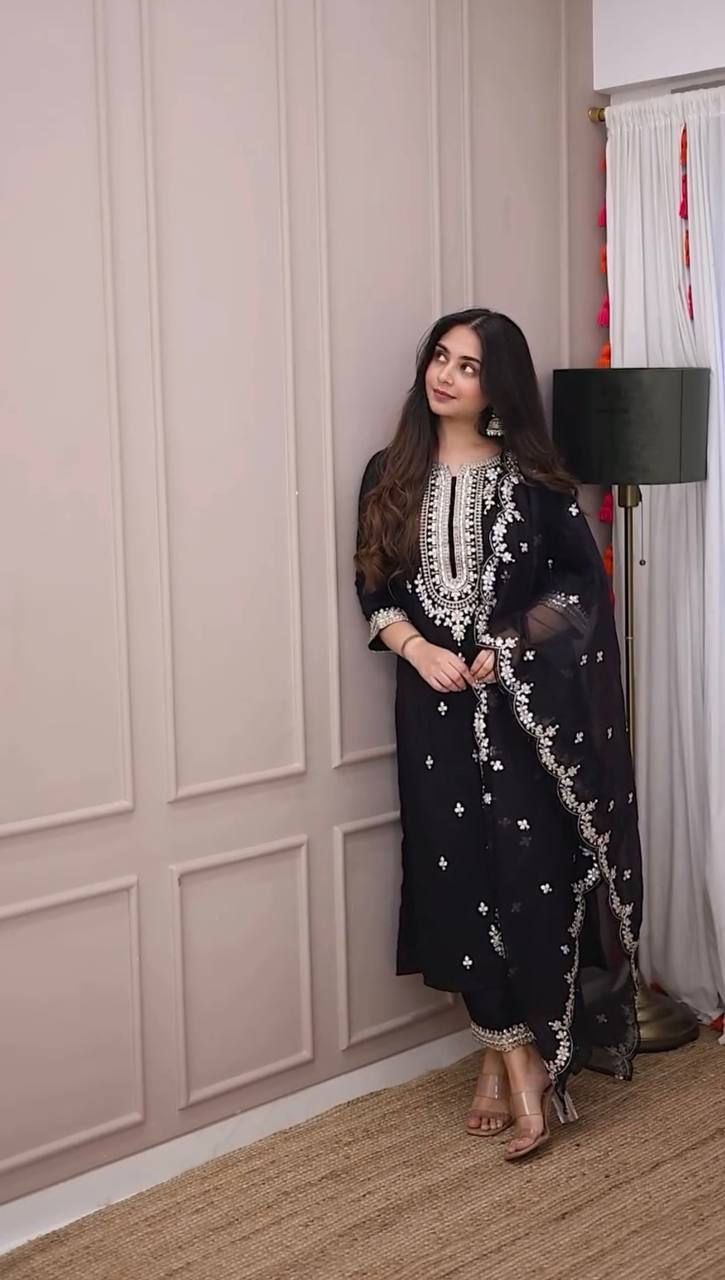 Stylish Black Three Piece Suit with Handcrafted Embroidery and Sequin Accents - Jaipur Blossom