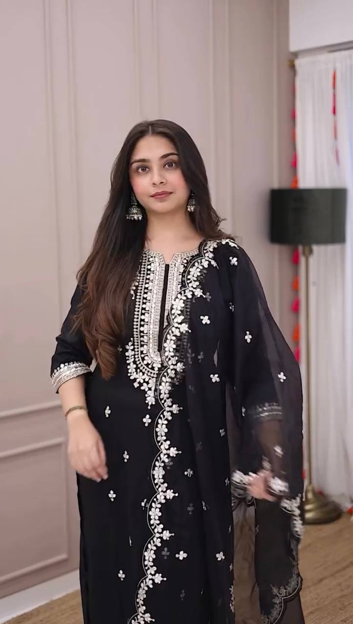 Stylish Black Three Piece Suit with Handcrafted Embroidery and Sequin Accents - Jaipur Blossom