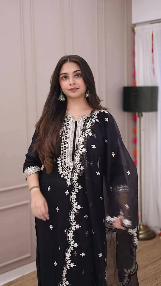 Stylish Black Three Piece Suit with Handcrafted Embroidery and Sequin Accents - Jaipur Blossom