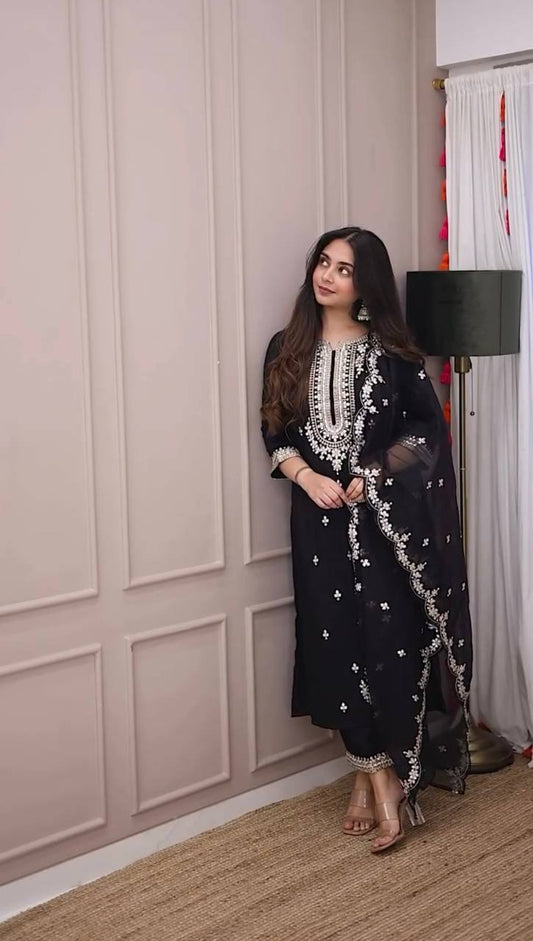 Stylish Black Three Piece Suit with Handcrafted Embroidery and Sequin Accents - Jaipur Blossom