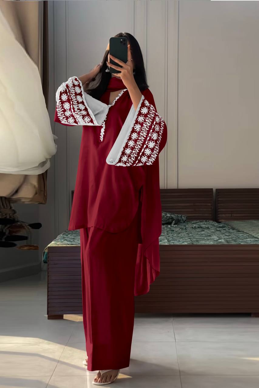 Designer Party Wear Top with Farshi Plazzo in Light Pink Natural Satin with Elegant Embroidery - Jaipur Blossom
