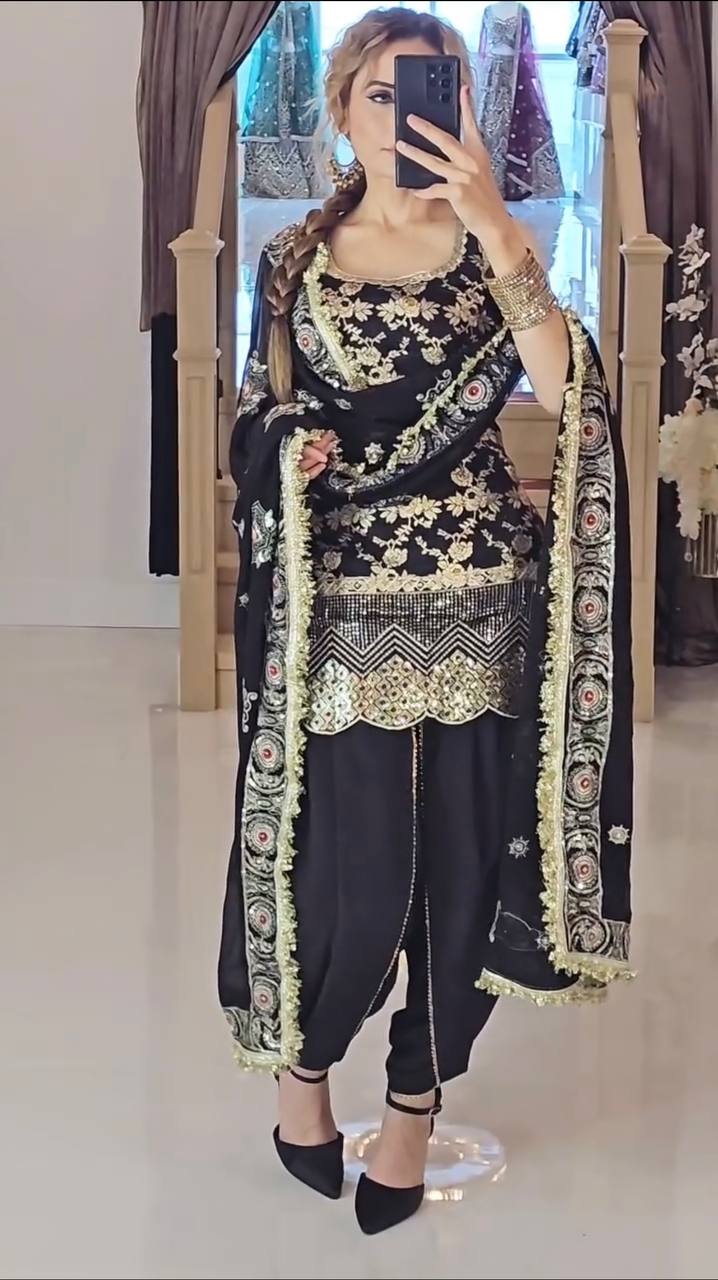 Premium Party Wear Natural Crepe Silk Suit with Embroidery Sequence Work and Dhoti Salwar