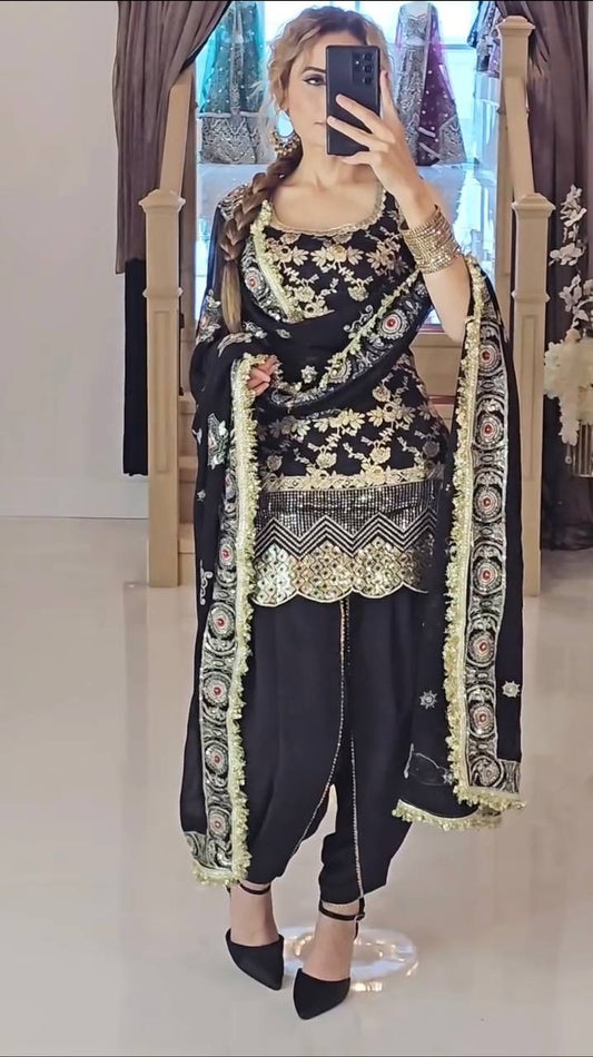 Premium Party Wear Natural Crepe Silk Suit with Embroidery Sequence Work and Dhoti Salwar