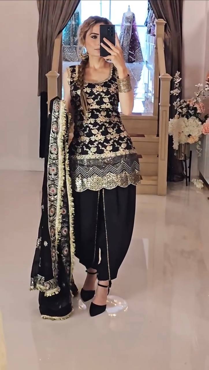 Premium Party Wear Natural Crepe Silk Suit with Embroidery Sequence Work and Dhoti Salwar