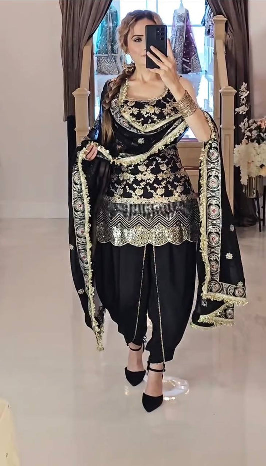 Premium Party Wear Natural Crepe Silk Suit with Embroidery Sequence Work and Dhoti Salwar