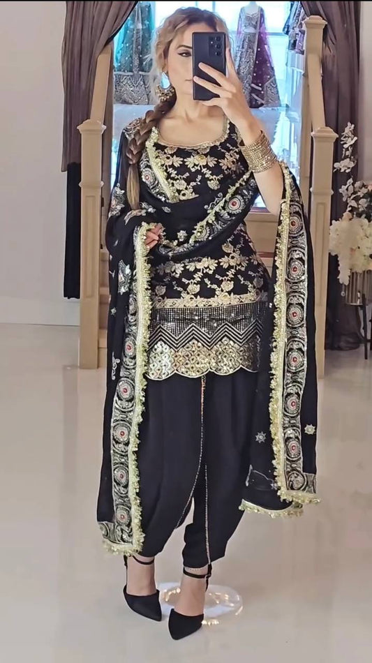 Premium Party Wear Natural Crepe Silk Suit with Embroidery Sequence Work and Dhoti Salwar
