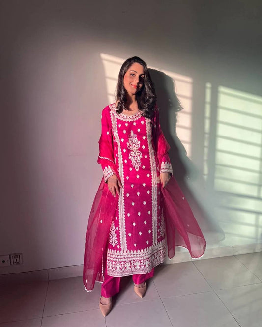 Stylish Party Outfit Top Pant and Dupatta in Heavy Cotton with Detailed Chain Embroidery - Jaipur Blossom