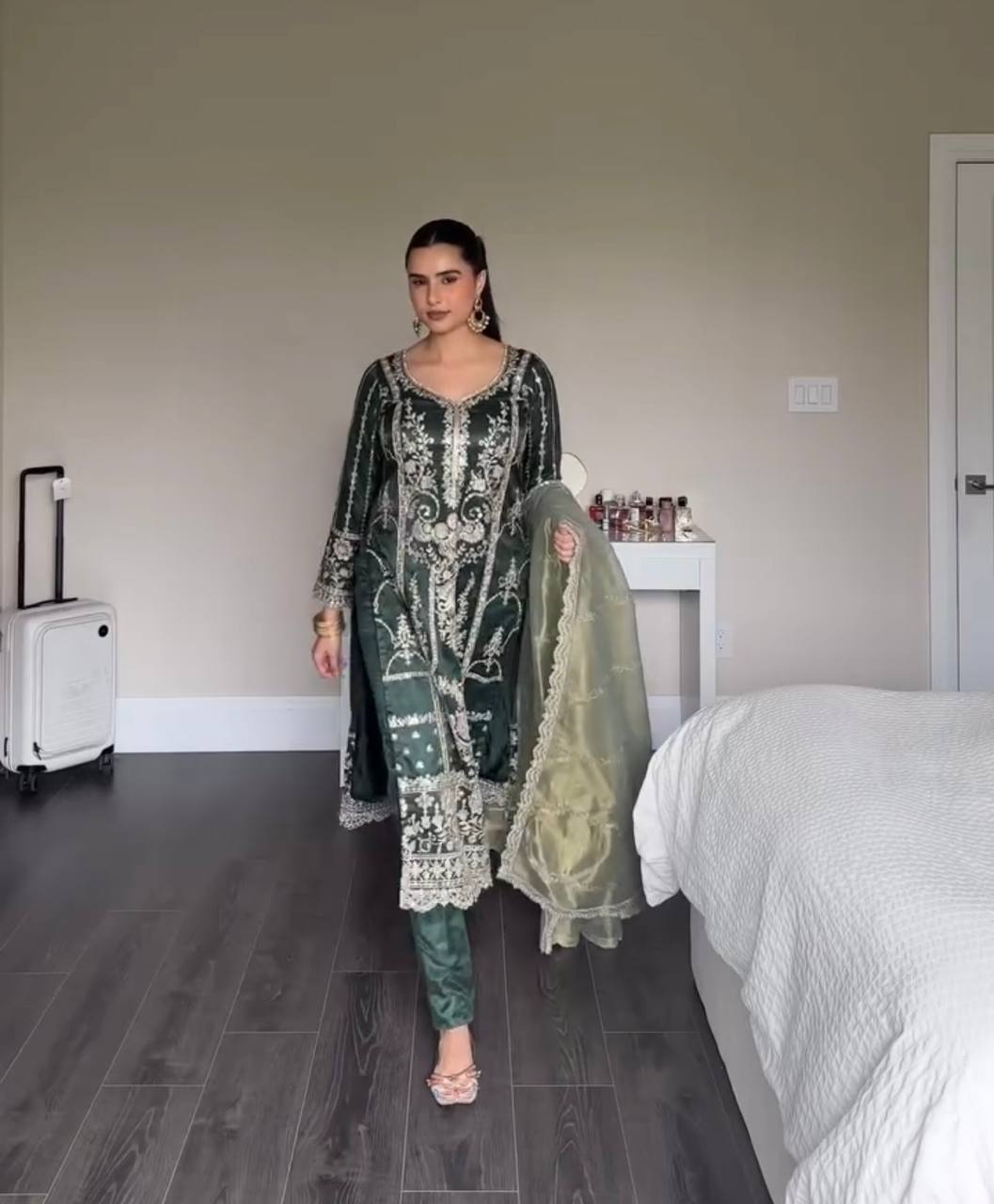 Premium Party Wear Chinnon Silk Top and Pant with Heavy Embroidery and Organza Dupatta