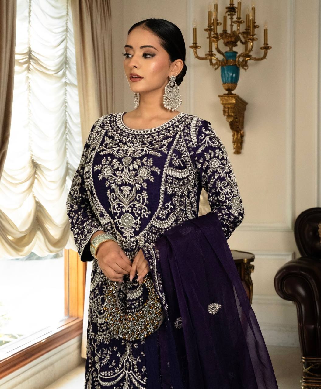 Elegant Fox Georgette Palazzo Set in Rich Purple with Sequin Embroidery - Jaipur Blossom