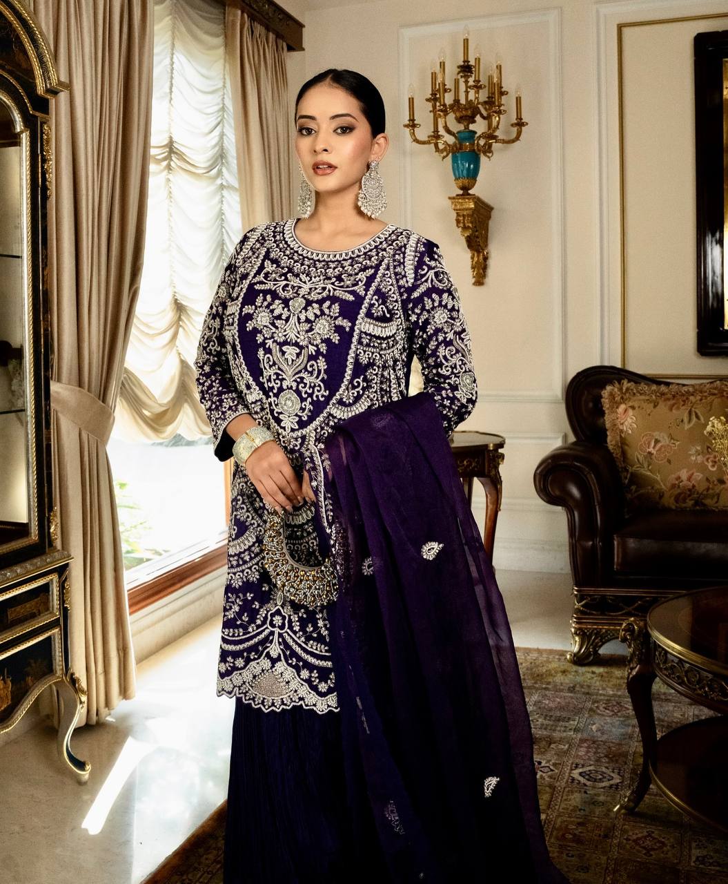 Elegant Fox Georgette Palazzo Set in Rich Purple with Sequin Embroidery - Jaipur Blossom
