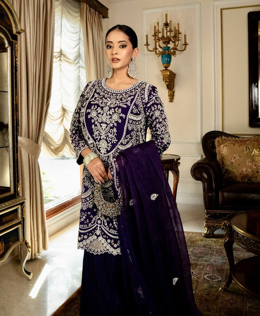 Elegant Fox Georgette Palazzo Set in Rich Purple with Sequin Embroidery - Jaipur Blossom