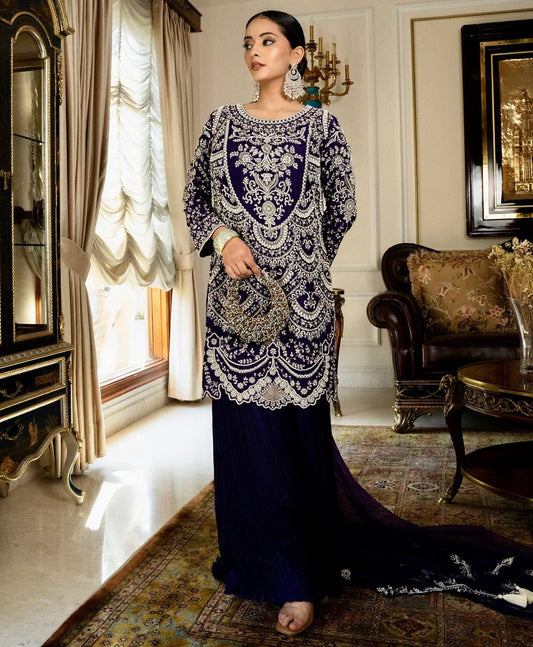 Elegant Fox Georgette Palazzo Set in Rich Purple with Sequin Embroidery - Jaipur Blossom