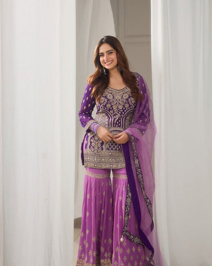 Designer Purple Ensemble with Embroidered Top and Flowing Palazzo - Jaipur Blossom