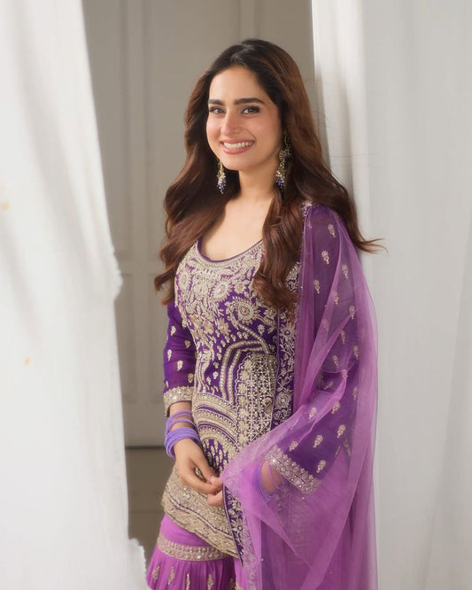 Designer Purple Ensemble with Embroidered Top and Flowing Palazzo - Jaipur Blossom