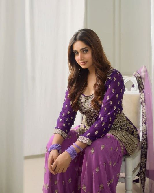 Designer Purple Ensemble with Embroidered Top and Flowing Palazzo - Jaipur Blossom