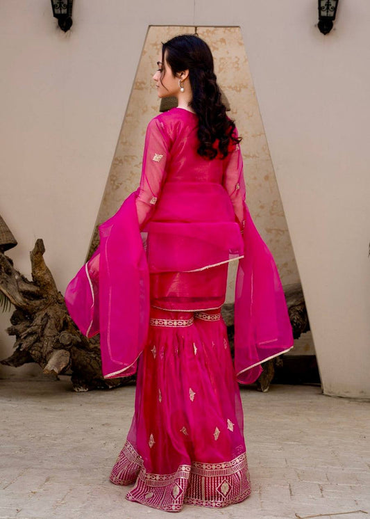 Glamorous Dark Pink Palazzo Suit in Embroidered Diamond Georgette - Jaipur Blossom