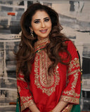 Elegant Designer Look: Heavy Malay Silk Top with Zari & Sequence Embroidery Paired with Farshi Salwar
