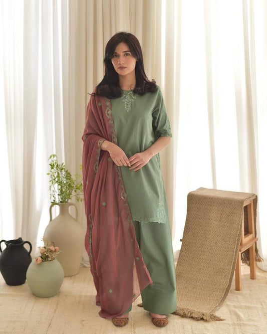 Designer Party Wear Farsi Top and Salwar Set in Heavy French Crepe with Embroidery and Fancy Dupatta