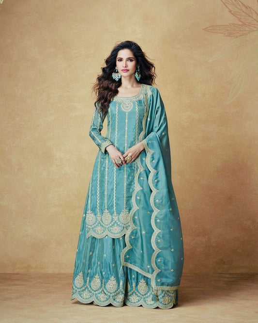 Chic Party Ready Chinon Silk Set with Sequin Embellishments - Jaipur Blossom