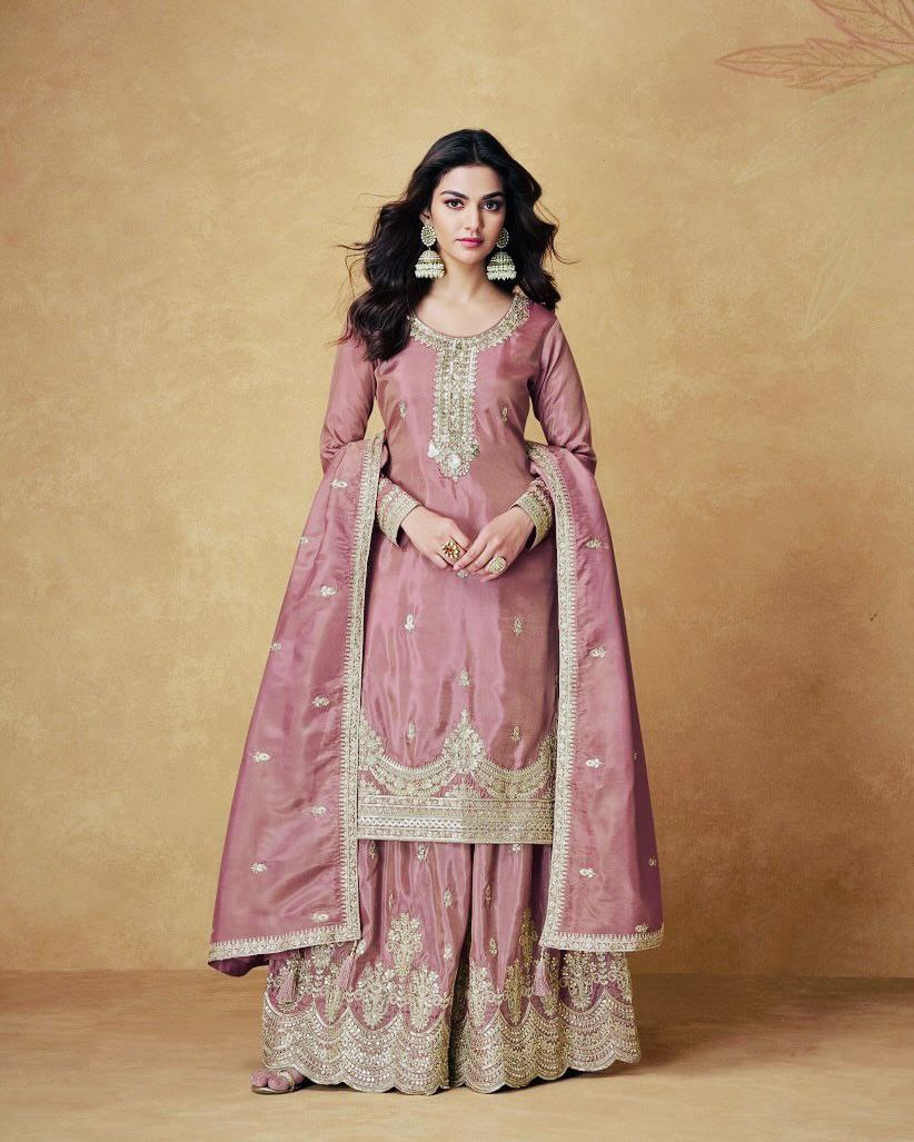 Chic Party Ready Chinon Silk Set with Sequin Embellishments - Jaipur Blossom